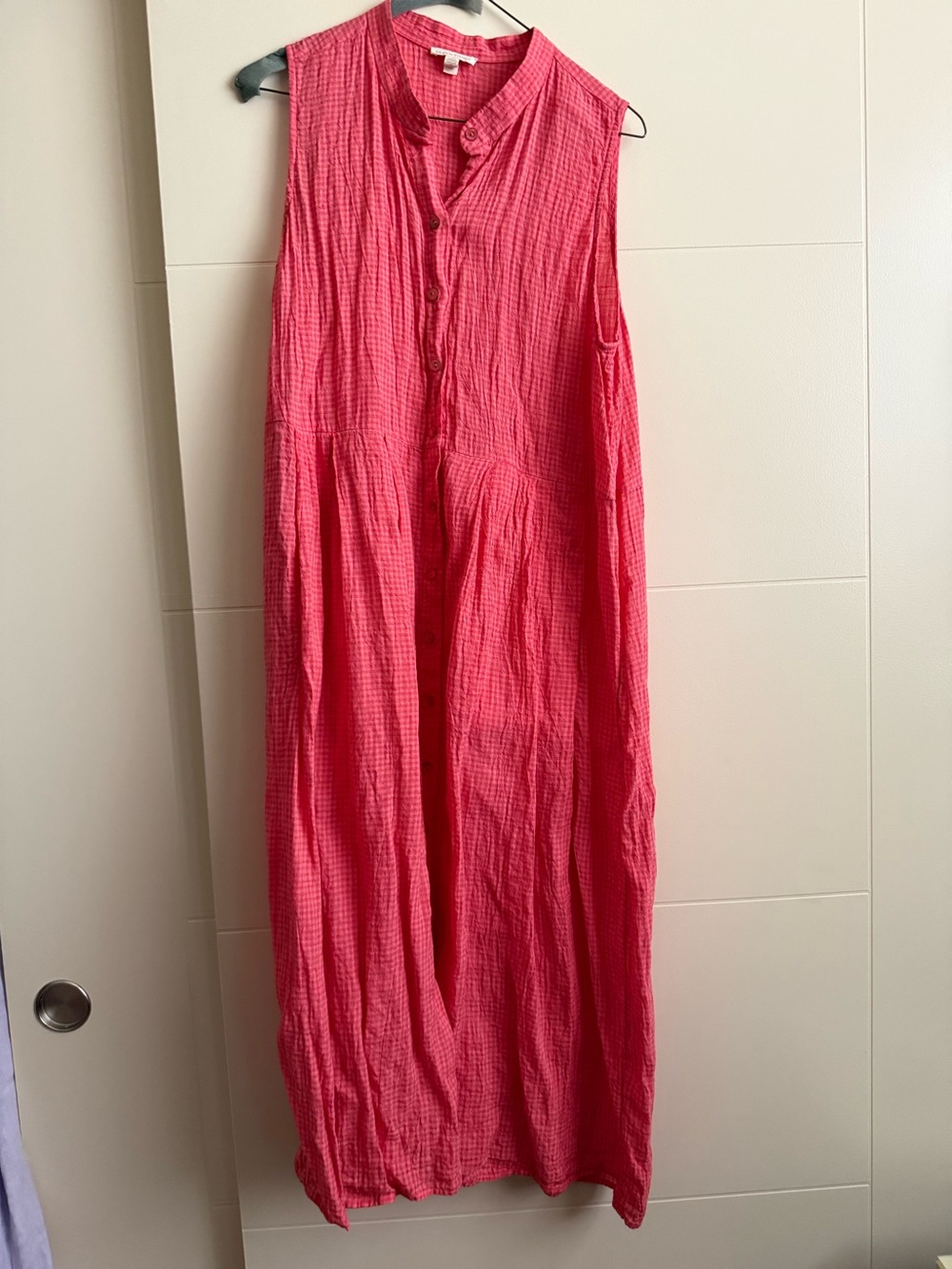 Eileen Fisher Puckered Organic Linen Pleated Coral Gingham Slvless Midi Dress L